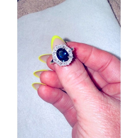 Oval Blue Sapphire Halo Ring  Classic Style Sterling silver size 7 - Picture 1 of 9